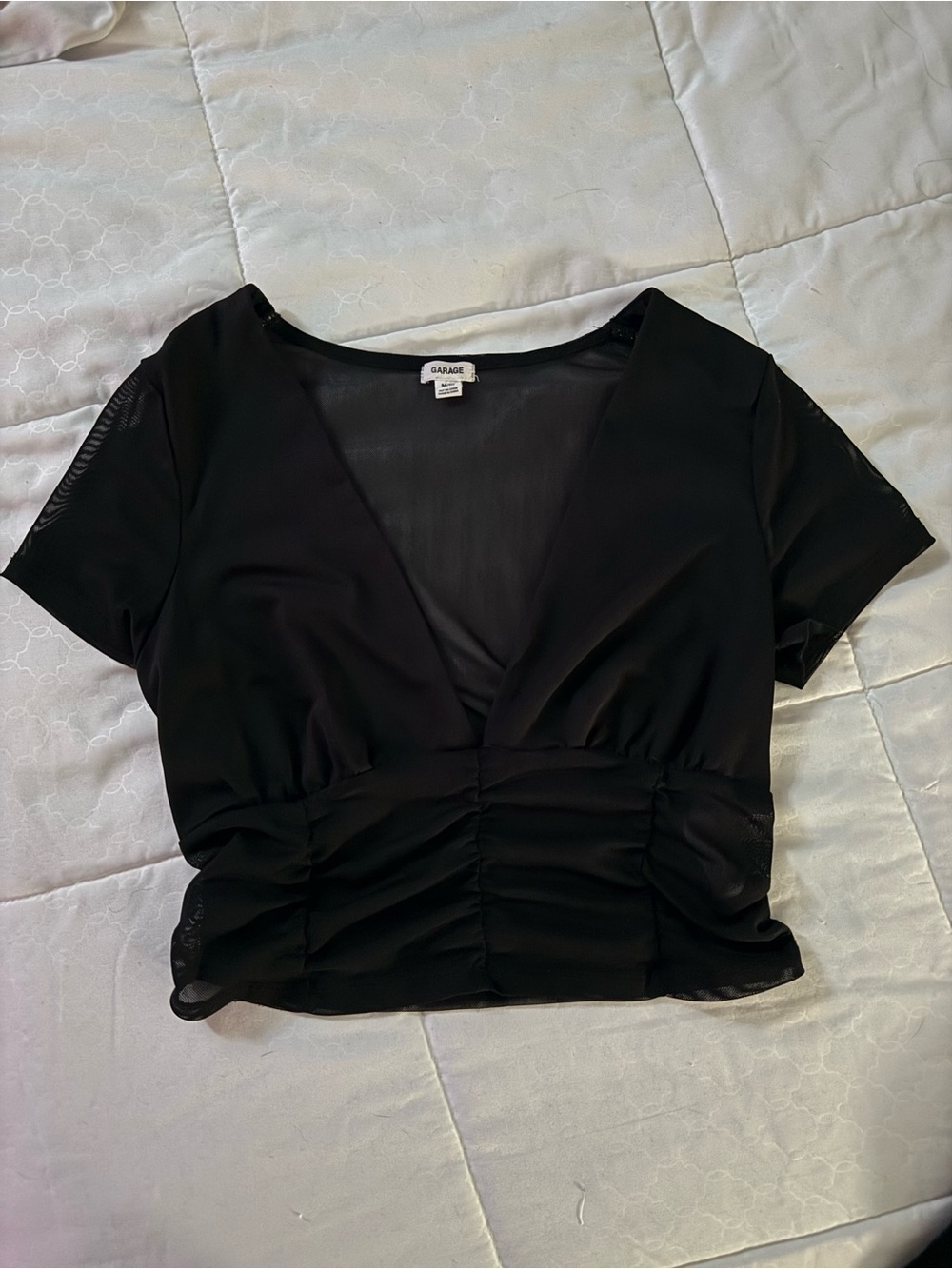 3 for $20 Garage Black Ruched V-Neck Short Sleeve Crop Top